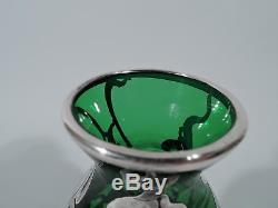 Antique Vase Art Nouveau American Emerald Green Glass & Silver Overlay