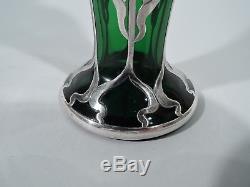 Antique Vase Art Nouveau American Emerald Green Glass & Silver Overlay