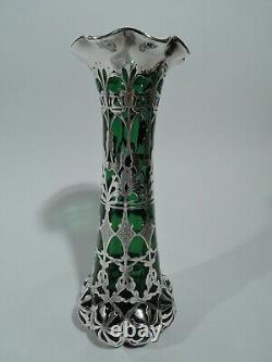 Antique Vase Art Nouveau American Green Glass Silver Overlay