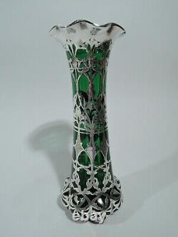 Antique Vase Art Nouveau American Green Glass Silver Overlay