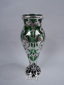 Antique Vase Art Nouveau American Green Glass Silver Overlay