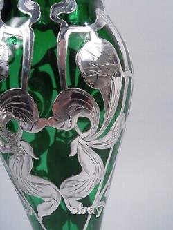 Antique Vase Art Nouveau American Green Glass Silver Overlay