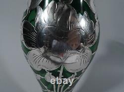 Antique Vase Art Nouveau American Green Glass & Silver Overlay