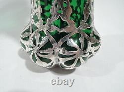 Antique Vase Art Nouveau American Green Glass Silver Overlay