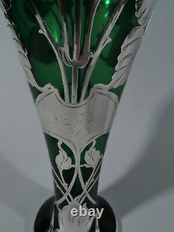 Antique Vase Art Nouveau American Green Glass & Silver Overlay