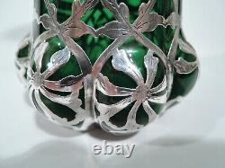 Antique Vase Art Nouveau American Green Glass Silver Overlay