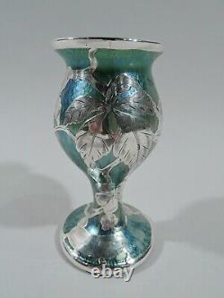 Antique Vase Art Nouveau American Iridescent Green Blue Glass Silver Overlay