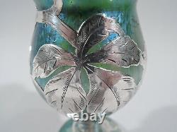 Antique Vase Art Nouveau American Iridescent Green Blue Glass Silver Overlay