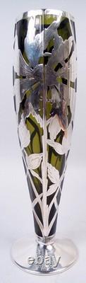 Antique Vase Art Nouveau American Olive Green Glass Silver Overlay