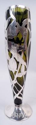 Antique Vase Art Nouveau American Olive Green Glass Silver Overlay