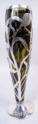 Antique Vase Art Nouveau American Olive Green Glass Silver Overlay
