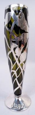 Antique Vase Art Nouveau American Olive Green Glass Silver Overlay