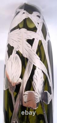 Antique Vase Art Nouveau American Olive Green Glass Silver Overlay