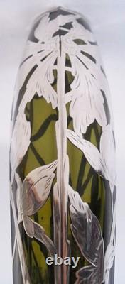 Antique Vase Art Nouveau American Olive Green Glass Silver Overlay