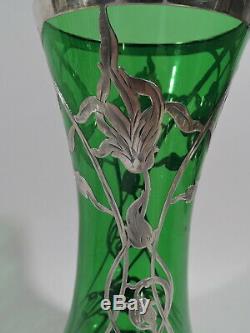 Antique Vase Art Nouveau Flowers American Green Glass & Silver Overlay
