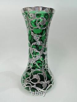 Antique Vase Art Nouveau Large American Green Glass Silver Overlay