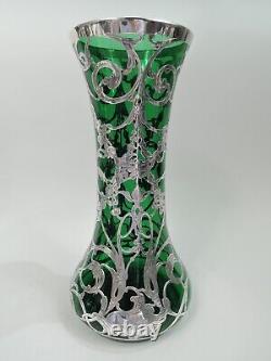 Antique Vase Art Nouveau Large American Green Glass Silver Overlay