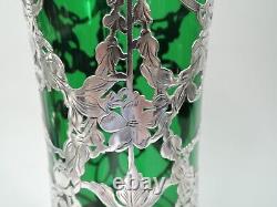 Antique Vase Art Nouveau Large American Green Glass Silver Overlay