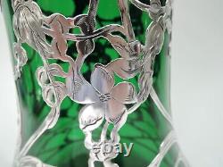 Antique Vase Art Nouveau Large American Green Glass Silver Overlay