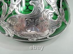 Antique Vase Art Nouveau Large American Green Glass Silver Overlay