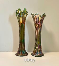 Antique Vase Pair Carnival Glass Fenton Iridescent Green Diamond & Rib 11 12