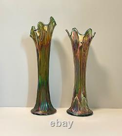 Antique Vase Pair Carnival Glass Fenton Iridescent Green Diamond & Rib 11 12