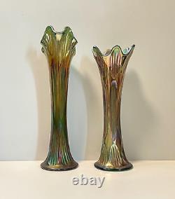 Antique Vase Pair Carnival Glass Fenton Iridescent Green Diamond & Rib 11 12