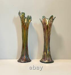 Antique Vase Pair Carnival Glass Fenton Iridescent Green Diamond & Rib 11 12