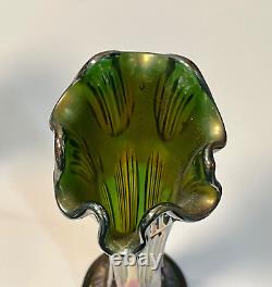 Antique Vase Pair Carnival Glass Fenton Iridescent Green Diamond & Rib 11 12