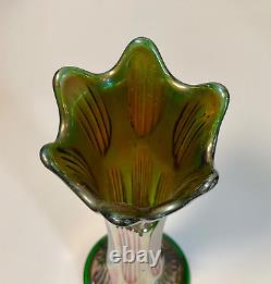 Antique Vase Pair Carnival Glass Fenton Iridescent Green Diamond & Rib 11 12