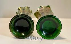 Antique Vase Pair Carnival Glass Fenton Iridescent Green Diamond & Rib 11 12