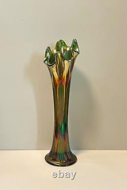 Antique Vase Pair Carnival Glass Fenton Iridescent Green Diamond & Rib 11 12