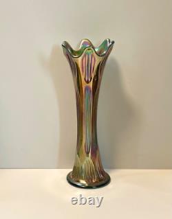 Antique Vase Pair Carnival Glass Fenton Iridescent Green Diamond & Rib 11 12