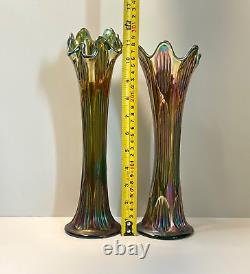 Antique Vase Pair Carnival Glass Fenton Iridescent Green Diamond & Rib 11 12