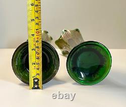 Antique Vase Pair Carnival Glass Fenton Iridescent Green Diamond & Rib 11 12