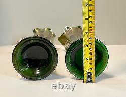 Antique Vase Pair Carnival Glass Fenton Iridescent Green Diamond & Rib 11 12