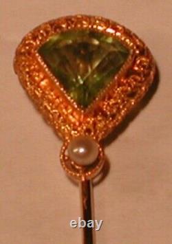 Antique Victorian Art Nouveau 14K Gold Stick Pin Blue Green Topaz Gem & Pearl