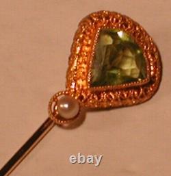 Antique Victorian Art Nouveau 14K Gold Stick Pin Blue Green Topaz Gem & Pearl