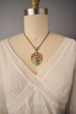 Antique Victorian Art Nouveau Acorn Necklace Gilt Brass Green Bohemian Glass