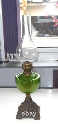 Antique Victorian Art Nouveau FALK STADELMANN Oil Lamp Cast Iron Green Glass