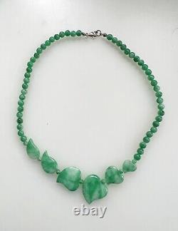 Antique Victorian Art Nouveau Hand Carved Imperial Green Jade Necklace 15.75