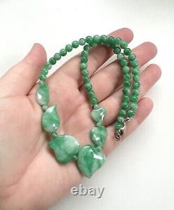 Antique Victorian Art Nouveau Hand Carved Imperial Green Jade Necklace 15.75