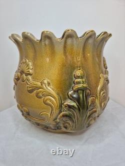 Antique Victorian Art Nouveau Majolica Jardinière 25 x 25cm Green RARE