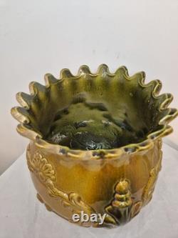Antique Victorian Art Nouveau Majolica Jardinière 25 x 25cm Green RARE