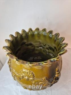 Antique Victorian Art Nouveau Majolica Jardinière 25 x 25cm Green RARE