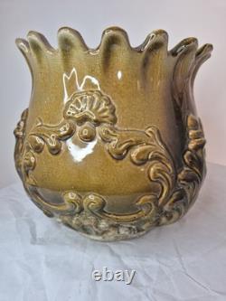 Antique Victorian Art Nouveau Majolica Jardinière 25 x 25cm Green RARE