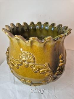 Antique Victorian Art Nouveau Majolica Jardinière 25 x 25cm Green RARE