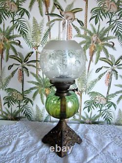Antique Victorian Art Nouveau Oil Lamp Cast Iron Green Glass Etched Globe Shade