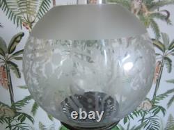 Antique Victorian Art Nouveau Oil Lamp Cast Iron Green Glass Etched Globe Shade