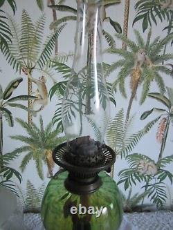 Antique Victorian Art Nouveau Oil Lamp Cast Iron Green Glass Etched Globe Shade